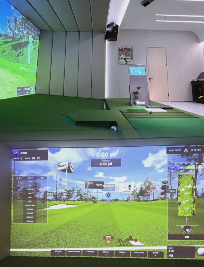Professional golfer training on indoor simulator system