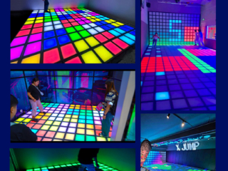 Group challenge using interactive LED floor tile system