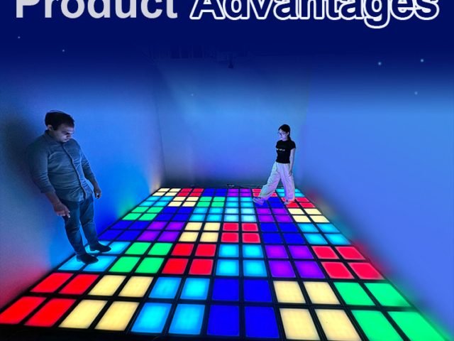 Colorful LED floor tiles lighting up during group challenge game