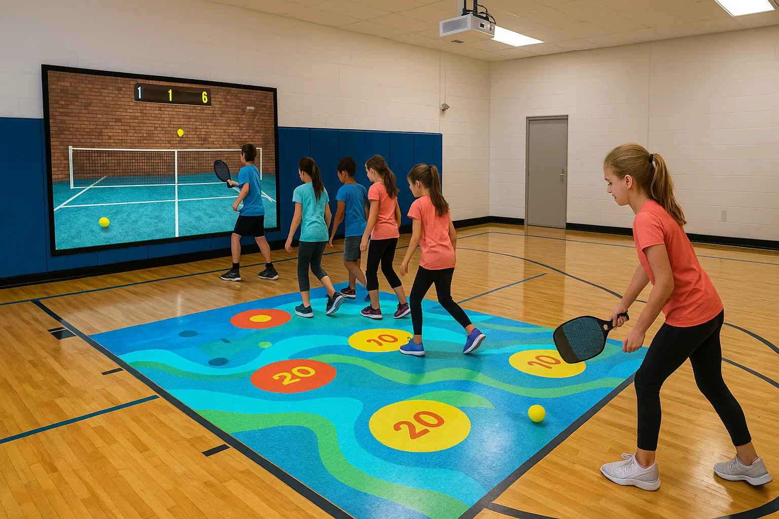 School gym with pickleball trainer and projector hardware installed