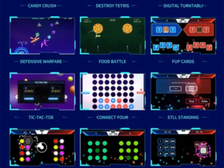 Pickleball Simulator Training Game (3) A player taps illuminated targets during a reaction speed training challenge.