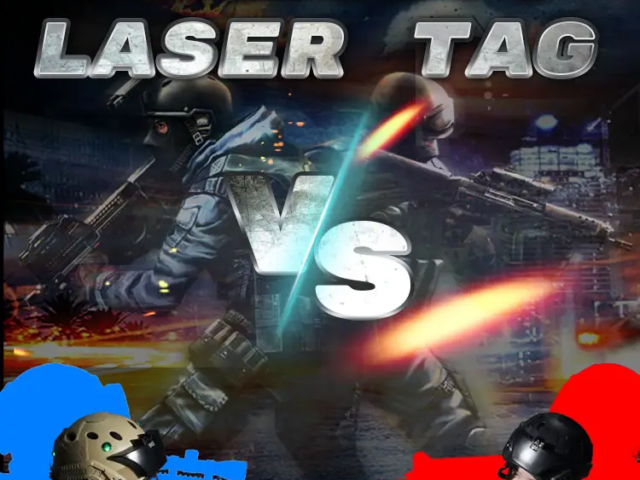 Children and adults playing with laser tag team-building set