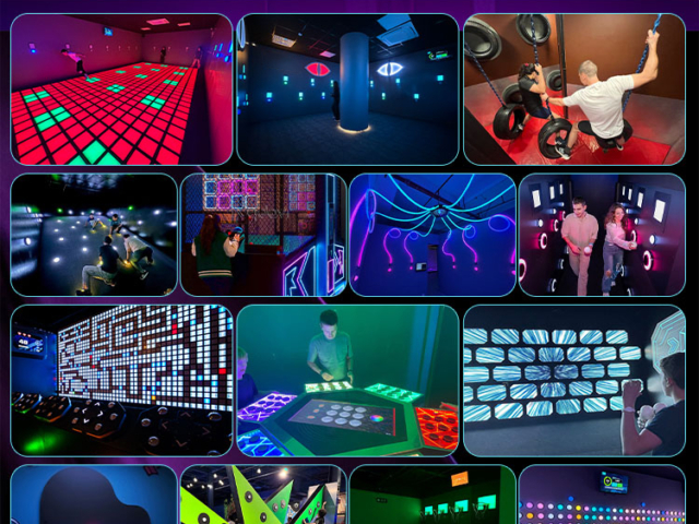 Friends competing in Activate LED Game push button wall reaction game