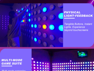 Player hand tapping illuminated button in Activate LED Game touch-based arena
