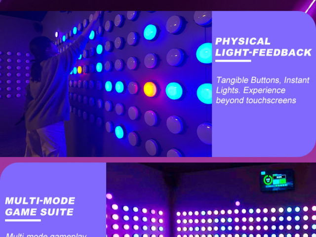 Player hand tapping illuminated button in Activate LED Game touch-based arena