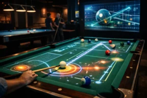 Interactive pool table projector system with real-time trajectory tracking in a modern billiards club