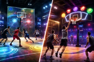 Interactive basketball court mapping vs LED head basketball hoop game system for immersive indoor sports venues