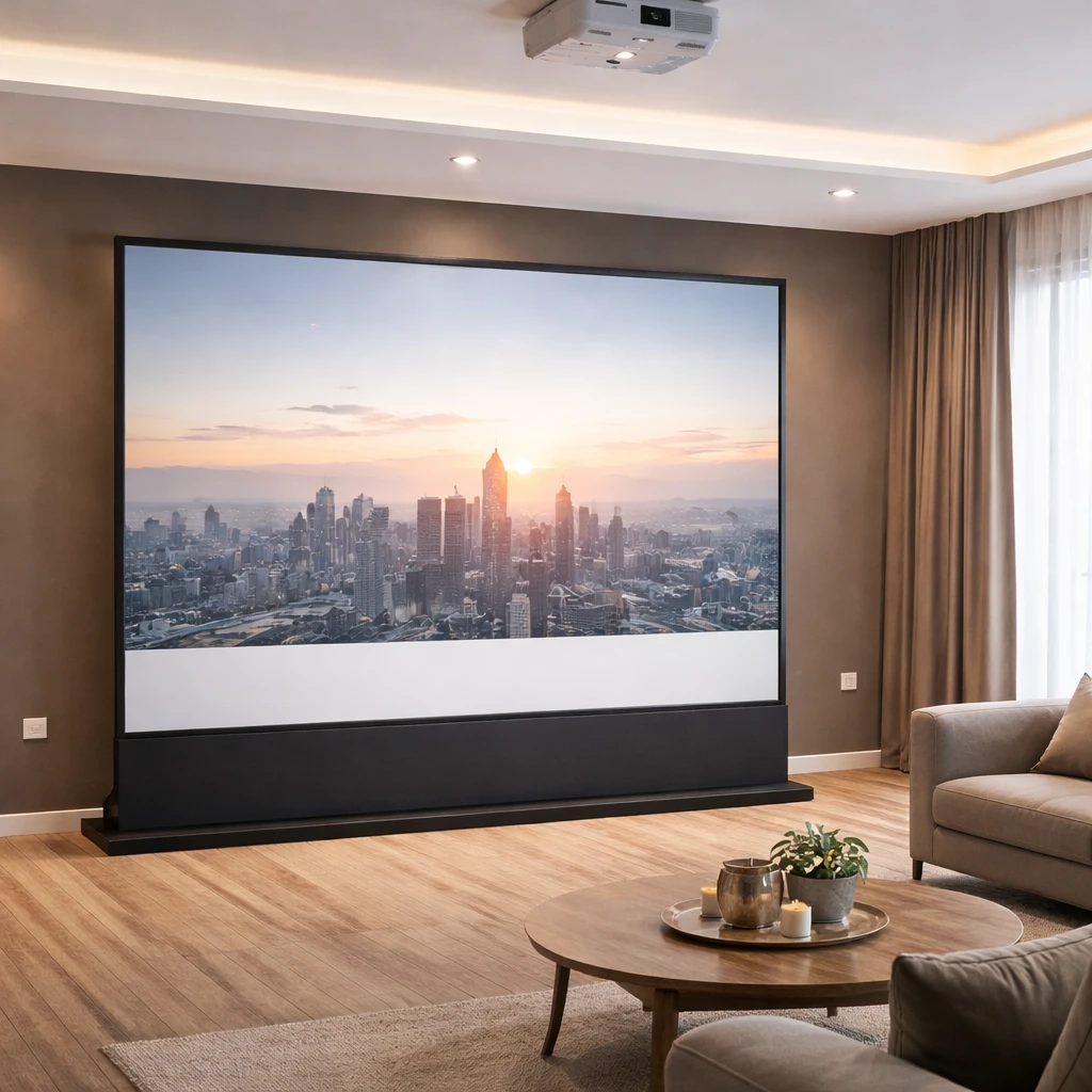 Floor rising projector screen installed in a modern conference-style room for high-quality visual presentation