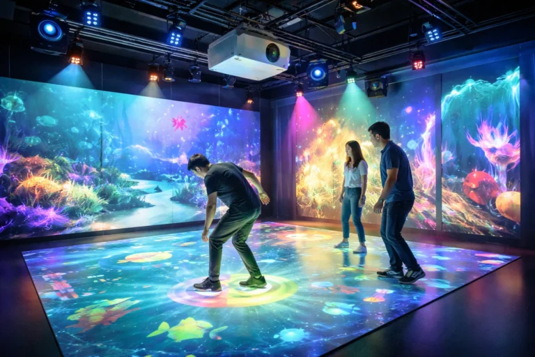 Immersive interactive projection game system with motion tracking floor and wall experience in a modern entertainment room