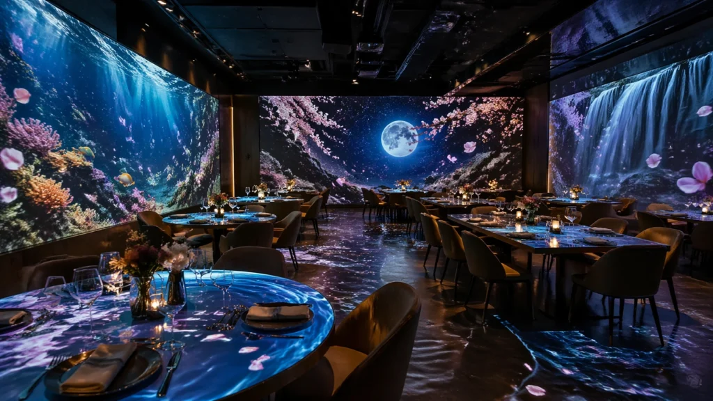 Projector mapping videos for restaurants and immersive dining with animated table and wall projection effects