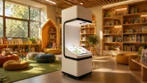 Book projector in a modern children’s reading room for interactive storytelling and immersive learning