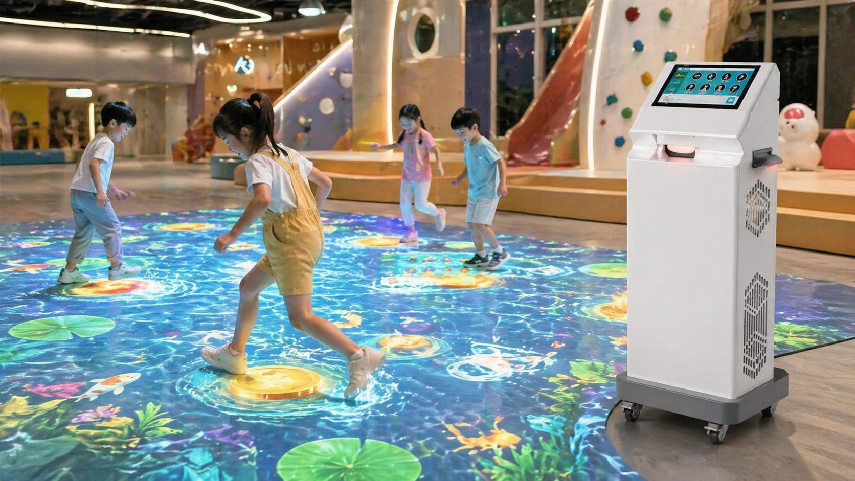 Interactive floor projector software system with children playing motion-sensing floor games in an indoor play center