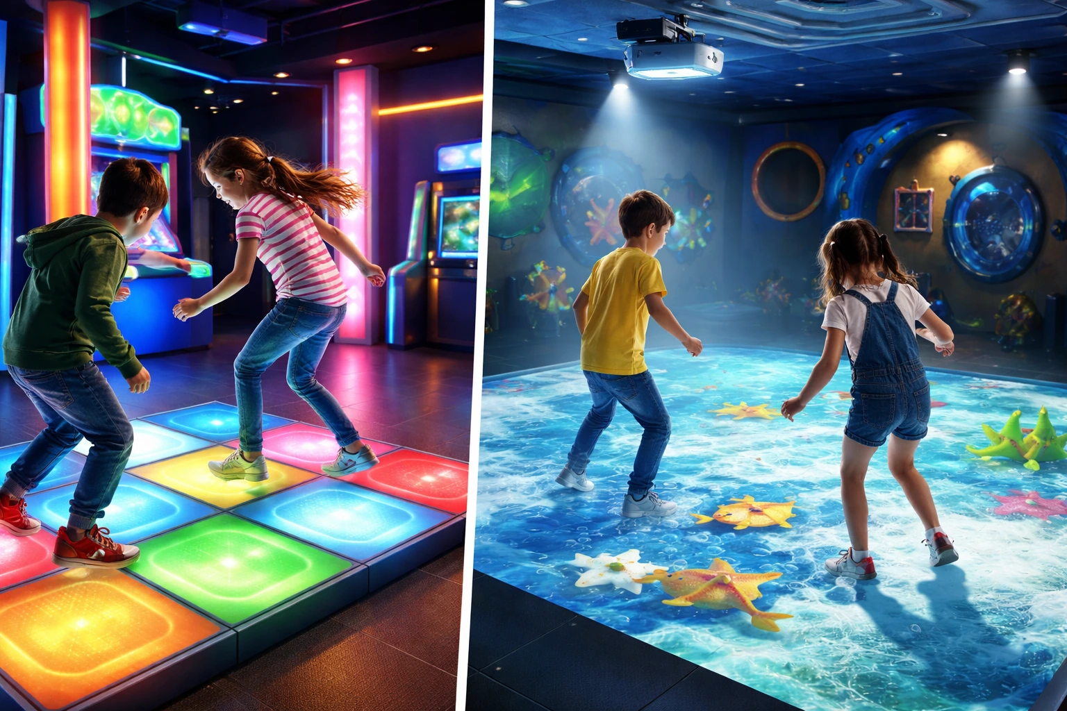 difference between LED activate pressure floor tiles and floor sensor projector