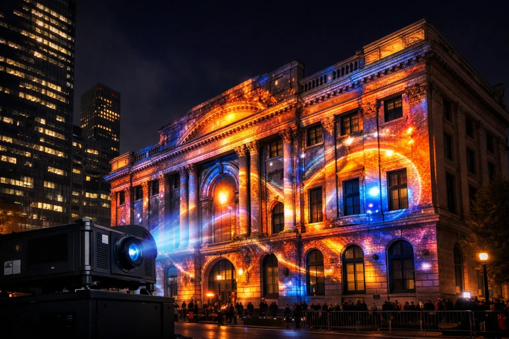 Projection mapping projector creating immersive visuals on indoor architectural walls