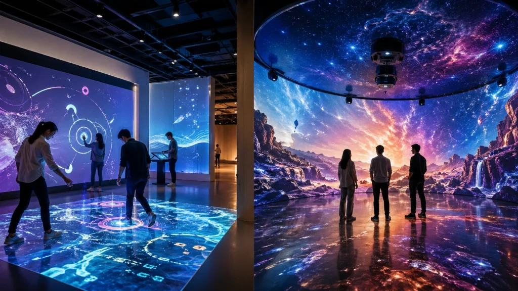 Interactive space and immersive space comparison with projection mapping, responsive floor interaction, and 360-degree digital environment
