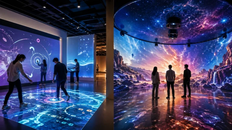 Interactive space and immersive space comparison with projection mapping, responsive floor interaction, and 360-degree digital environment