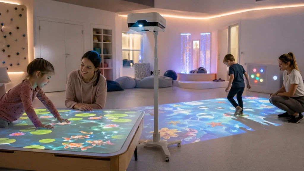 Mobii-style interactive projector system for table and floor use in a sensory learning room