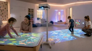 Mobii-style interactive projector system for table and floor use in a sensory learning room