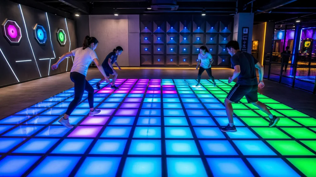 LED Super Grid Game interactive floor system in a modern indoor active entertainment venue
