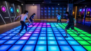 LED Super Grid Game interactive floor system in a modern indoor active entertainment venue