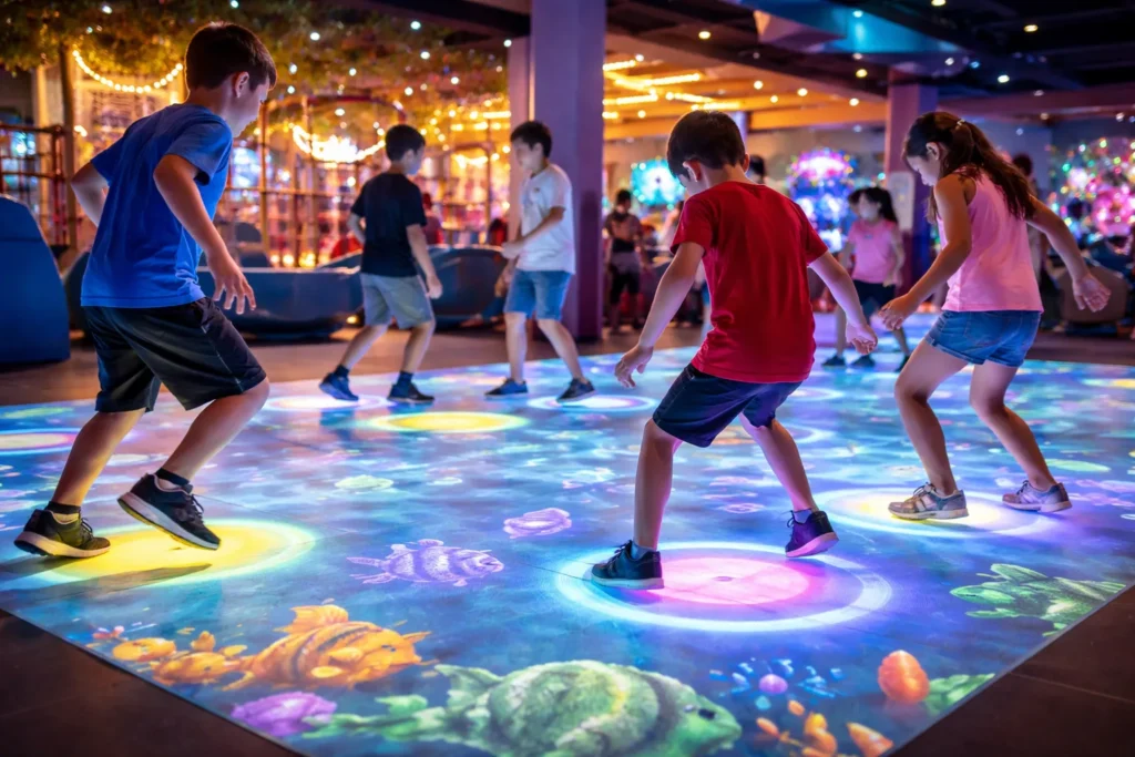 interactive floor projector game system with kids playing active motion games in indoor entertainment center, immersive projection fitness game experience