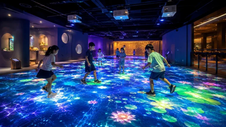 Children playing on an interactive floor projection system in an immersive indoor entertainment space