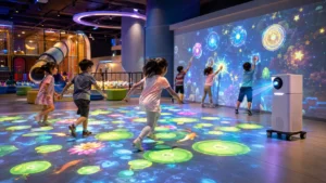 Interactive projection system for indoor play centers with floor and wall projector games