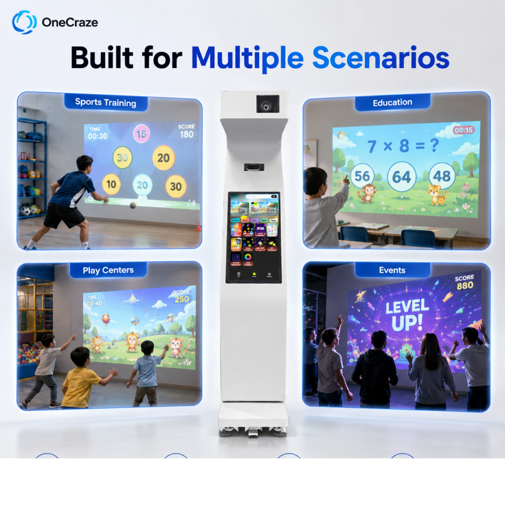 Interactive floor and wall projector games for schools museums and family entertainment centers