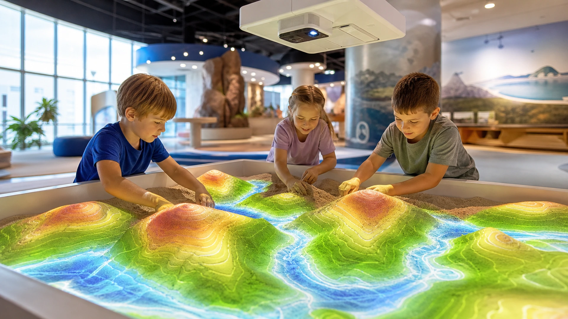 Children using an AR sandbox interactive projection system in a modern science museum