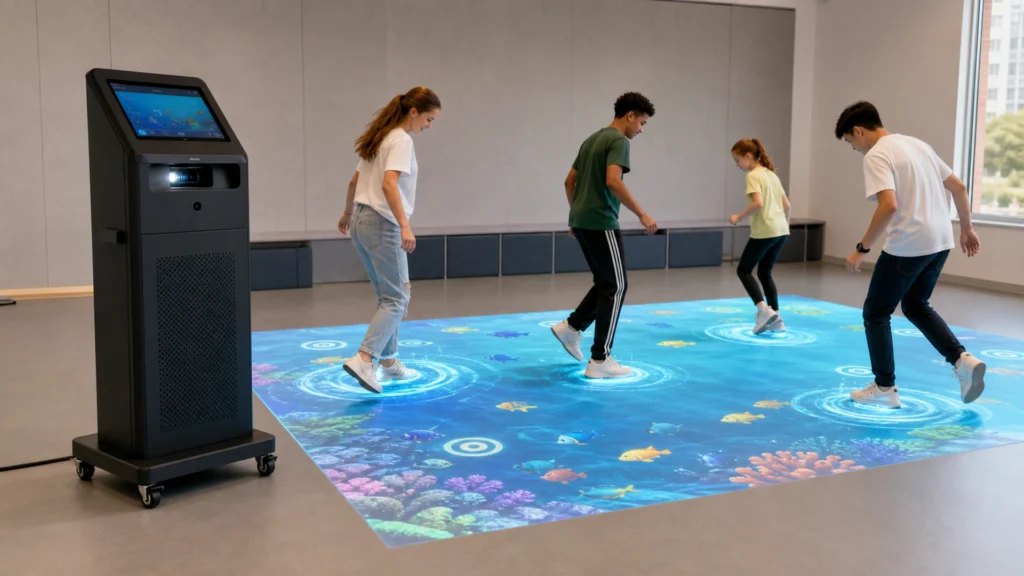 Mobile interactive floor projector machine creating motion-responsive ocean games for multiple players