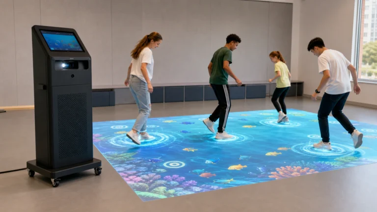 Mobile interactive floor projector machine creating motion-responsive ocean games for multiple players