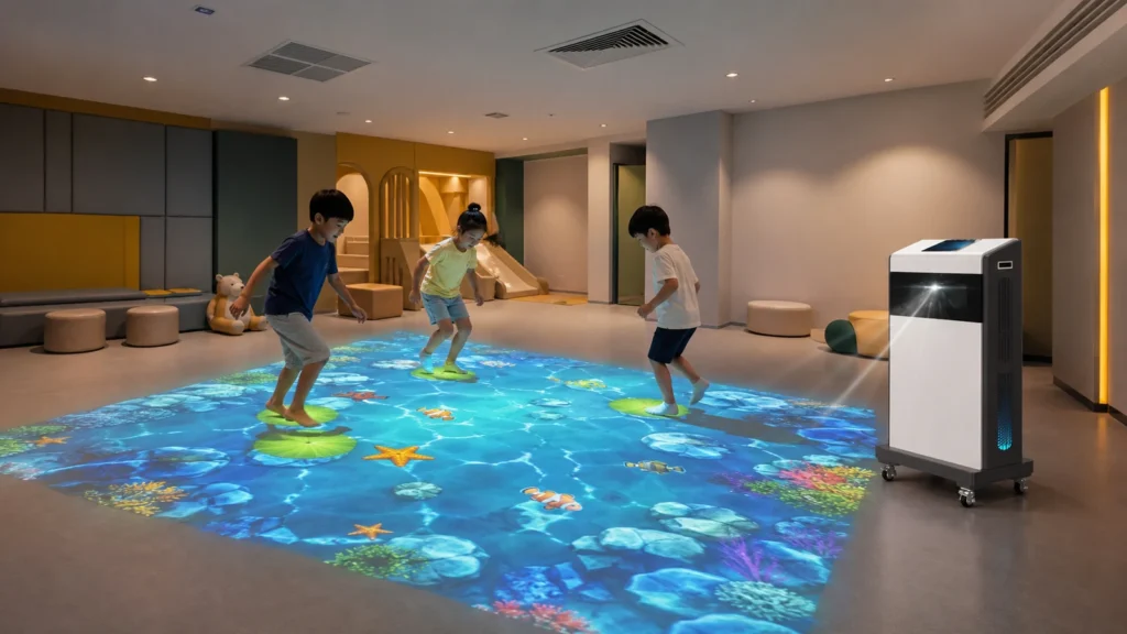 Children playing on an ocean game created by a mobile interactive floor projector without ceiling mounting