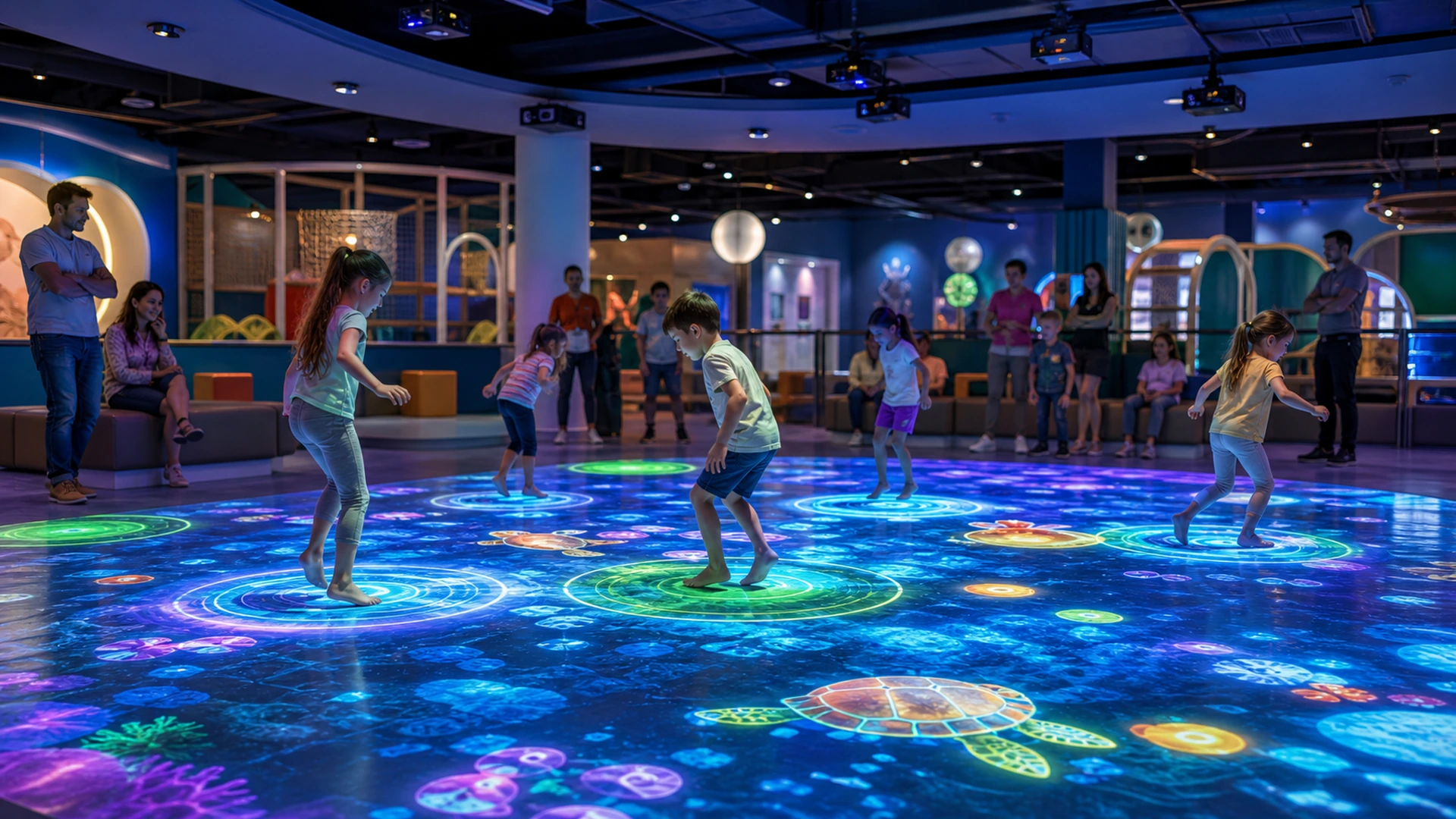 Children playing on an interactive floor projection system cost in a family entertainment center