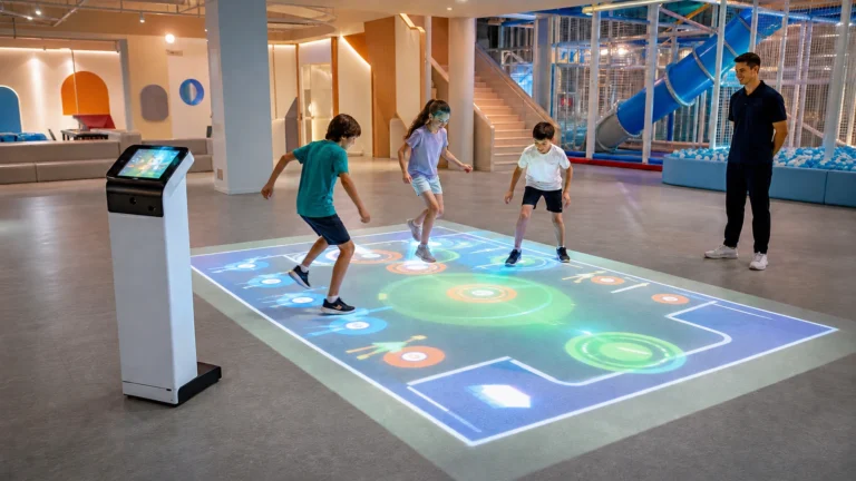Children playing on a Mini SAIO all-in-one interactive floor projector in an indoor playground
