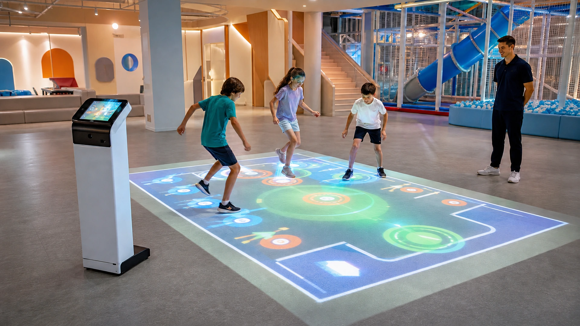 Children playing on a Mini SAIO all-in-one interactive floor projector in an indoor playground