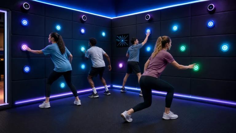 Players using an interactive touch wall game room with illuminated LED buttons and motion sensors