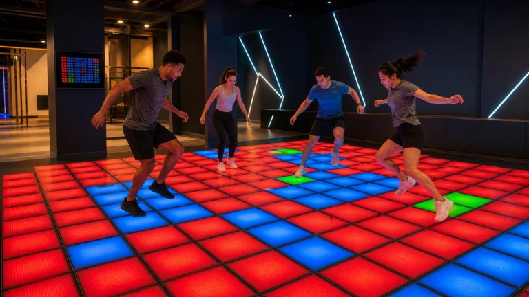 Players competing on a commercial Floor Is Lava interactive LED tile game in an indoor entertainment center