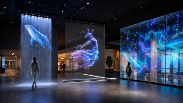 Fog screen, holographic projection scrim and transparent LED display compared in a modern indoor visitor space