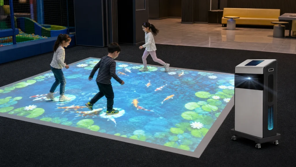 Children using a mobile interactive floor projector on a light projection mat over dark carpet