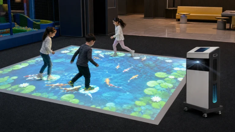Children using a mobile interactive floor projector on a light projection mat over dark carpet
