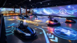 Immersive karting and bumper car arena with floor and wall projection mapping
