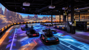 Technicians installing projection equipment in an immersive indoor karting arena