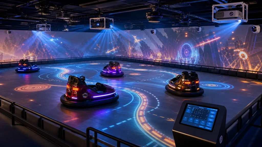 Futuristic indoor bumper cars with immersive projection technology