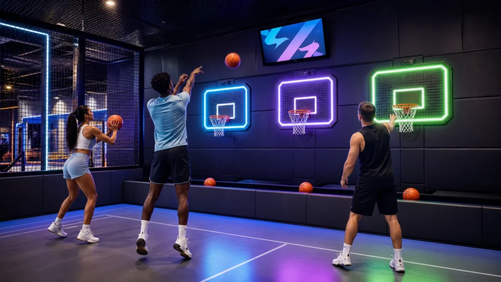 Players shooting at color-coded LED hoops in an interactive basketball game room for FECs