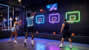 Players shooting at color-coded LED hoops in an interactive basketball game room for FECs