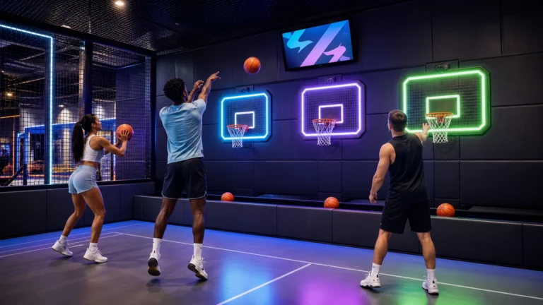 Players shooting at color-coded LED hoops in an interactive basketball game room for FECs