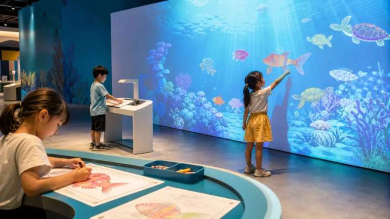 Children using an interactive drawing wall system to bring colorful artwork to life