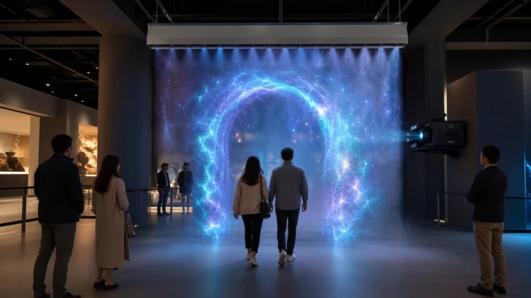 Visitors walking through a holographic fog curtain projection system in a modern museum