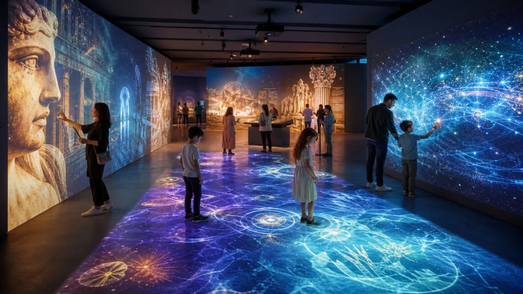 Visitors interacting with immersive museum projection on walls and floor