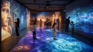 Visitors interacting with immersive museum projection on walls and floor